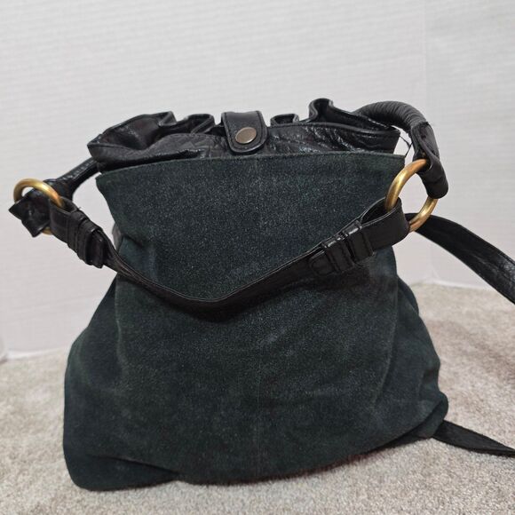 Anthropologie Holding horses suede leather teal black bucket shoulder handbag - Picture 2 of 12